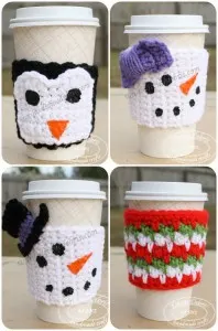 Winter mug cozy patterns! Free Snowpeople, Penguin, and Willow Mug Cozy crochet patterns