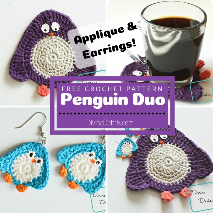 Penguin Duo (applique and earrings) free crochet patterns by DivineDebris.com