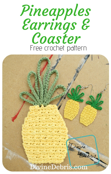 Free Pineapple Earrings and Coaster combo crochet pattern by DivineDebris.com #crochet #crochetpattern #freepattern #pineapples #earrings #coasters #appliques #jewelry