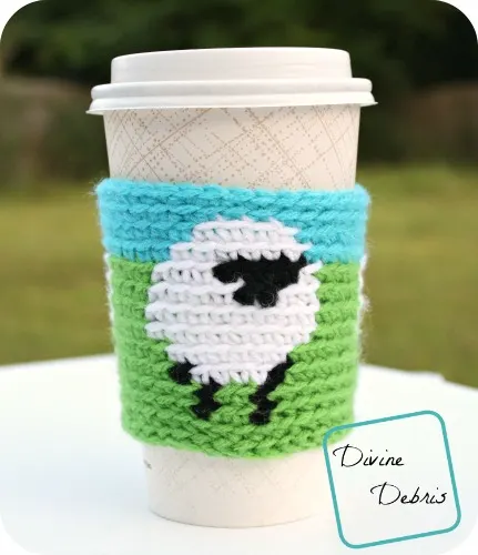 Dancing Sheep Mug Cozy free crochet pattern by DivineDebris.com