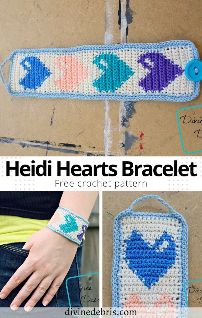 Use up some of that crochet thread you've got by learning to make the Heidi Hearts Bracelet, a free crochet pattern on DivineDebris.com