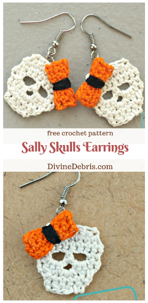 Sally Skulls Earrings free crochet pattern by DivineDebris.com #crochet #earrings #freepattern #skulls #crochetthread