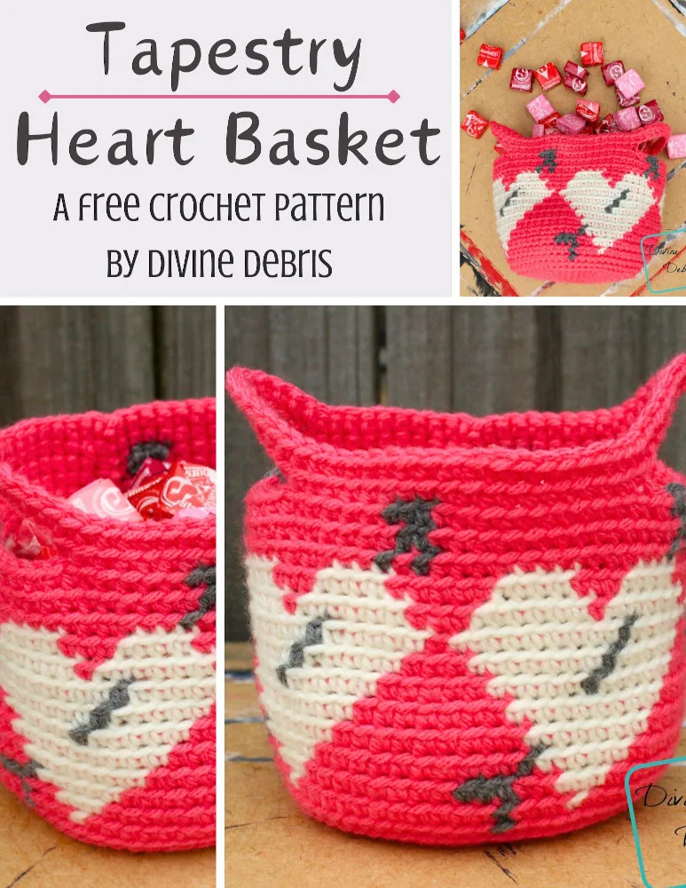 Learn how to make the Tapestry Heart Basket from a free crochet pattern on DivineDebris.com. Perfect for Valentine's day!