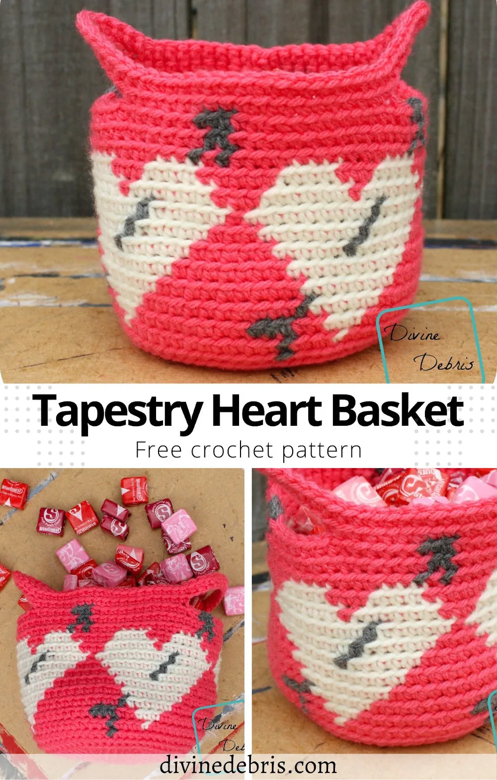 Learn how to make the Tapestry Heart Basket from a free crochet pattern on DivineDebris.com. Perfect for Valentine's day!