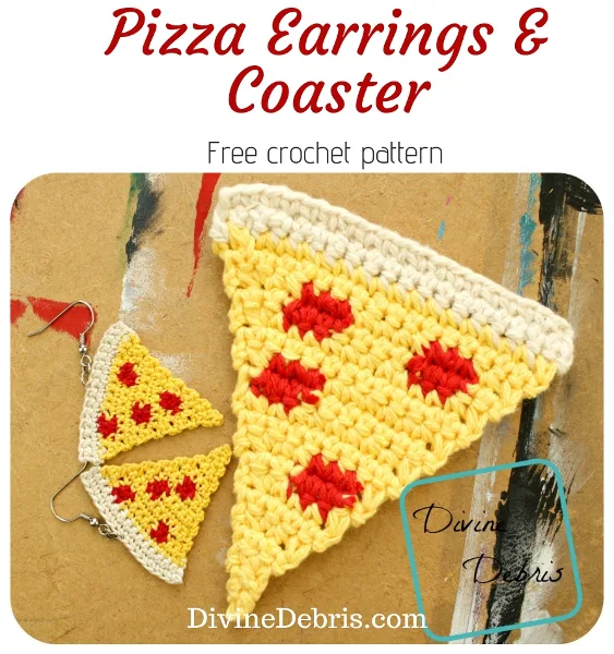 Pizzas Earrings and Coaster free crochet patterns by DivineDebris.com #crochet #freepattern #earrings #coaster #food #pizzas
