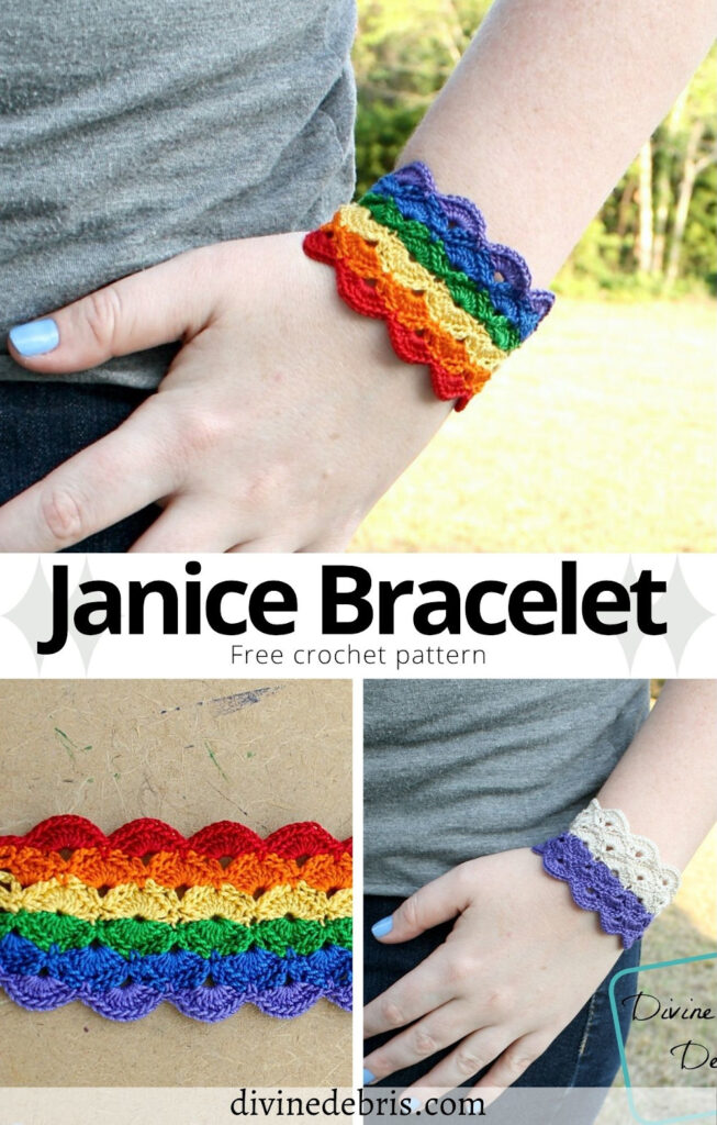 Learn to make the fun, eye-catching, and surprisingly easy Janice Bracelet from a free crochet pattern on DivnieDebris.com