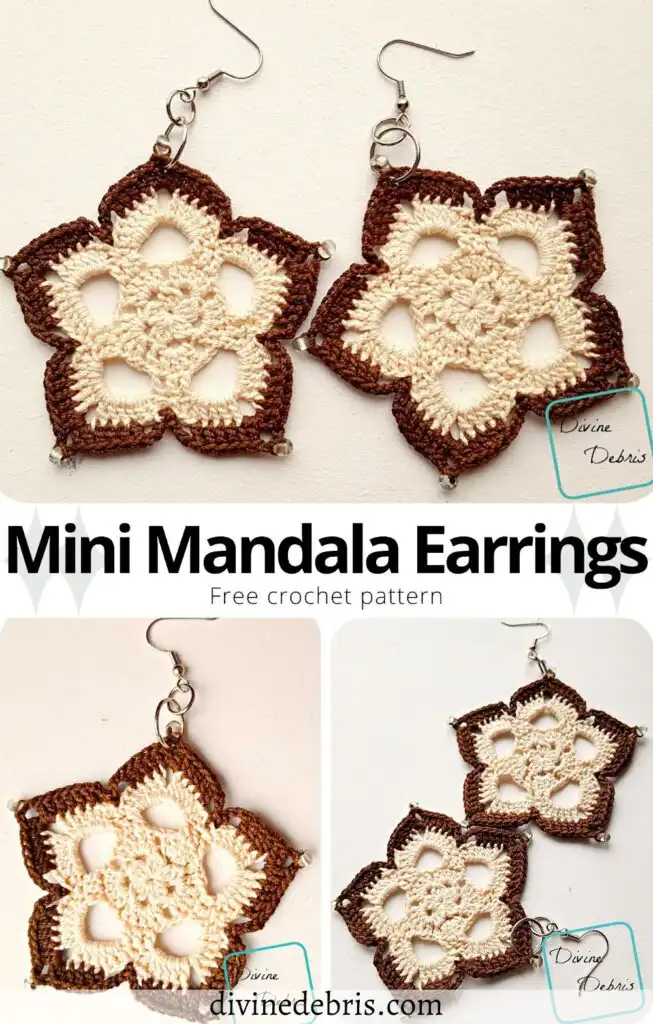 Learn how to make the cute, bohemian, and easy to customize Mini Mandala Earrings from a free crochet pattern by DivineDebris.com