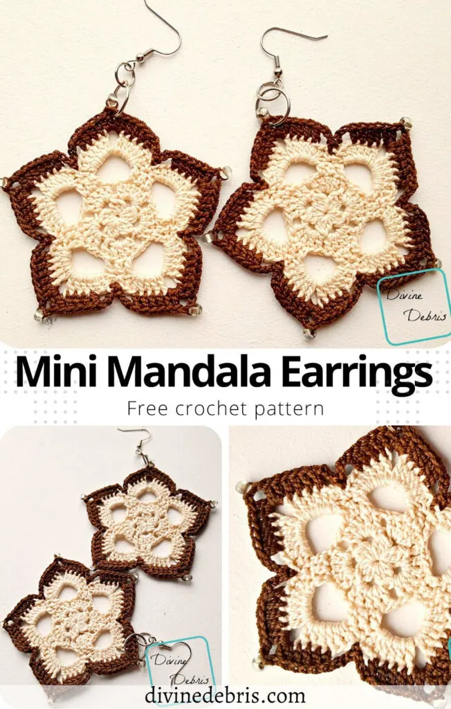 Learn how to make the cute, bohemian, and easy to customize Mini Mandala Earrings from a free crochet pattern by DivineDebris.com