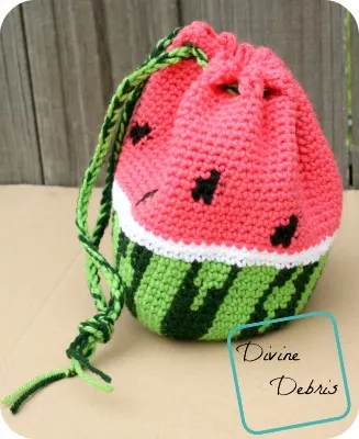Wonderful Watermelon Drawstring Bag crochet pattern by DivineDebris.com