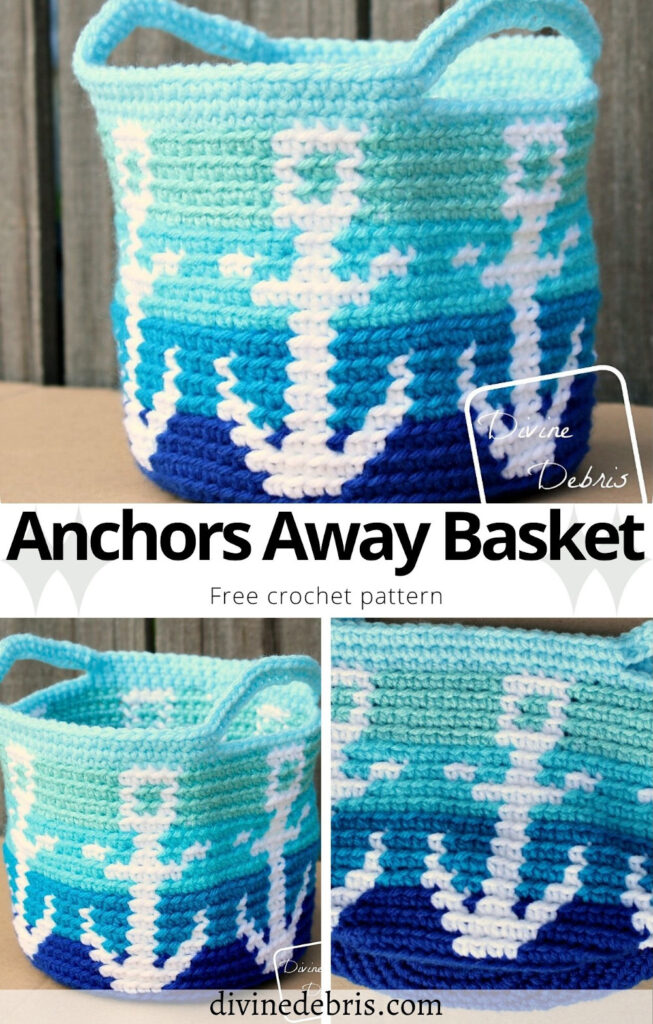 Make a wonderful tapestry crochet anchor themed basket design, the Anchors Away Basket, from a free crochet pattern on Divine Debris.com
