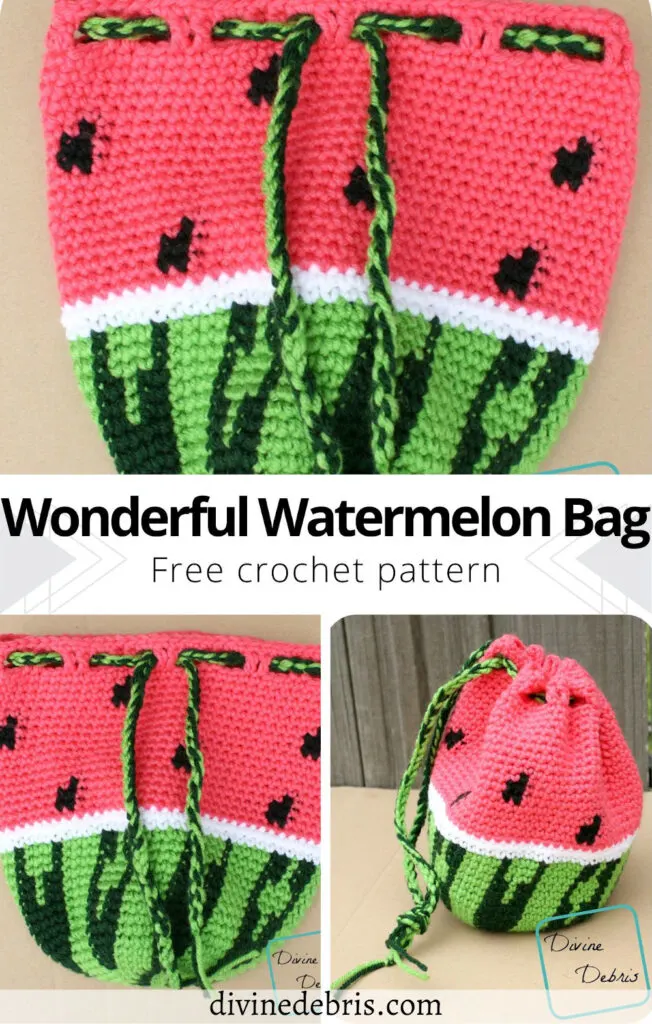Learn to make the fun and fantastic with the Wonderful Watermelon Drawstring Bag from a free crochet pattern by DivineDebris.com