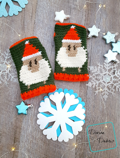 Sheep in Santa Hats Fingerless Gloves crochet pattern by DivineDebris.com