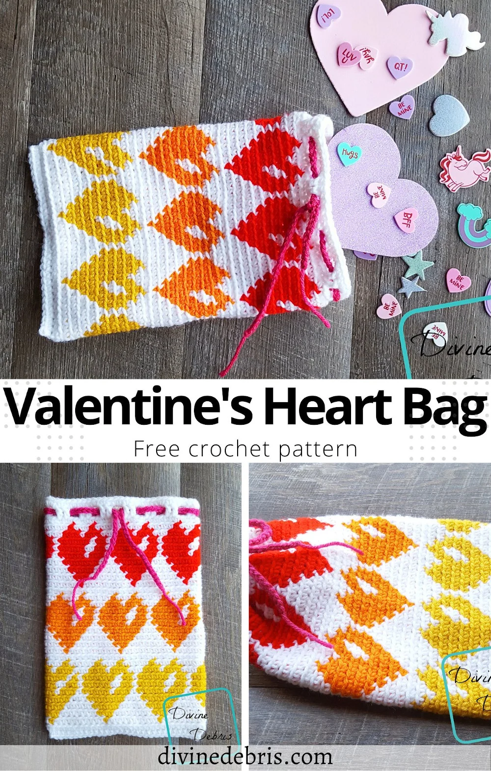 Make a perfect bag to store all the sweet treats and mementos you get with this Valentine's Heart Bag free crochet pattern by DivineDebris.com