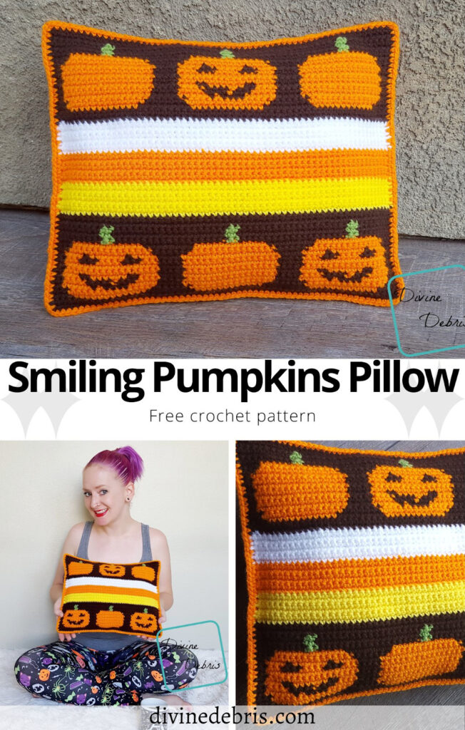 Learn to make the super fun, unique, and retro Smiling Pumpkins Pillow from a free and easy Halloween themed crochet pattern on DivineDebris.com