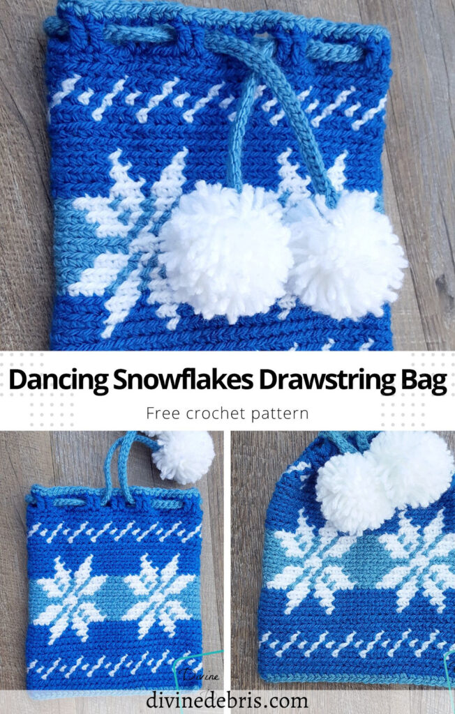 Learn how to make the fun and easy Dancing Snowflakes Drawstring Gift Bag from a free crochet pattern on DivineDebris.com