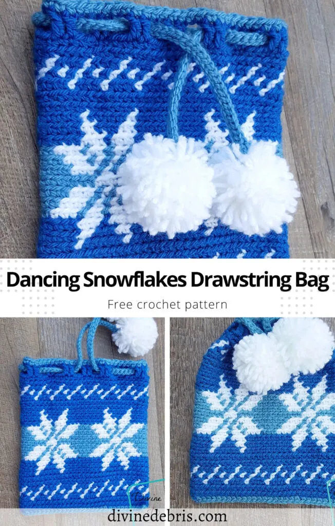 Learn how to make the fun and easy Dancing Snowflakes Drawstring Gift Bag from a free crochet pattern on DivineDebris.com