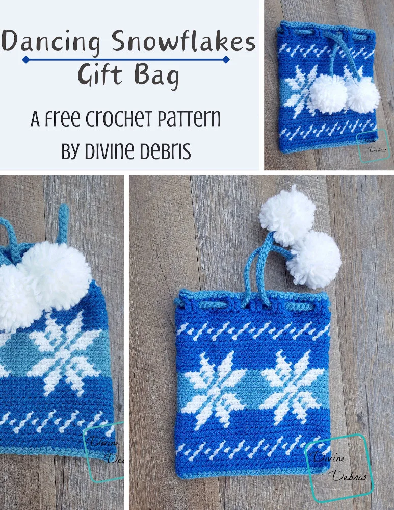Learn how to make the fun and easy Dancing Snowflakes Drawstring Gift Bag from a free crochet pattern on DivineDebris.com