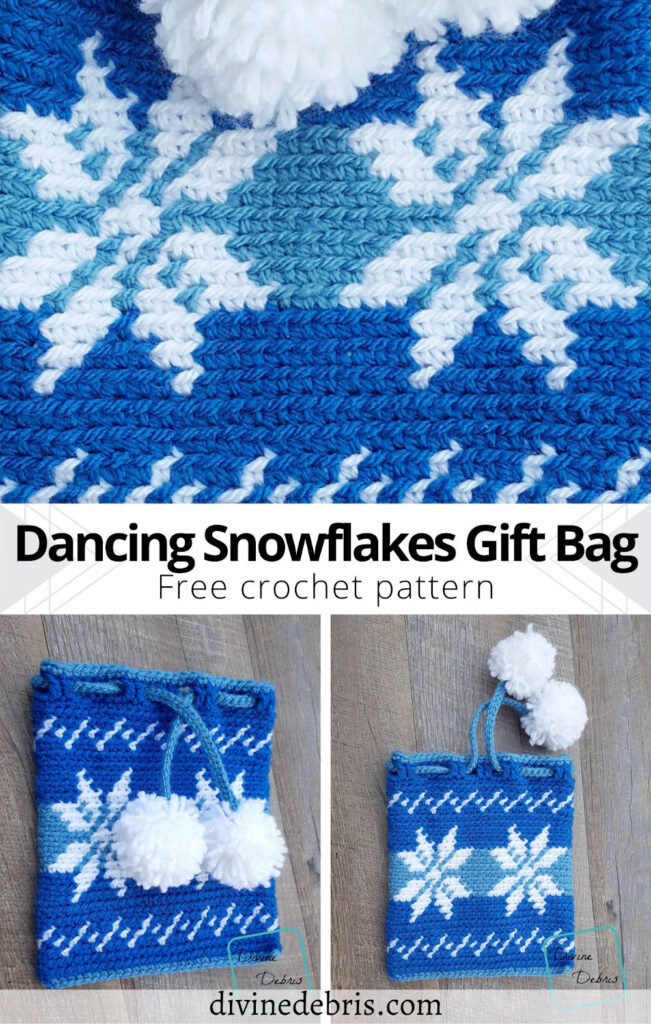 Learn how to make the fun and easy Dancing Snowflakes Drawstring Gift Bag from a free crochet pattern on DivineDebris.com