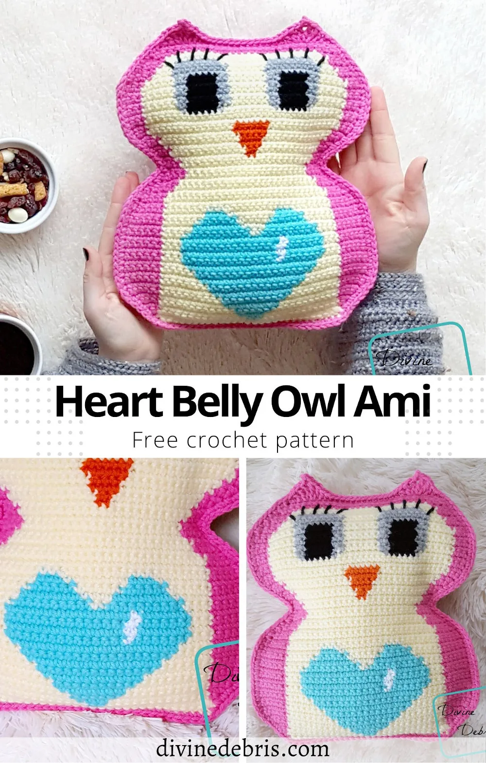 Learn to make the fun Valentine's Day themed Heart Belly Owl Amigurumi free crochet pattern by DivineDebris.com