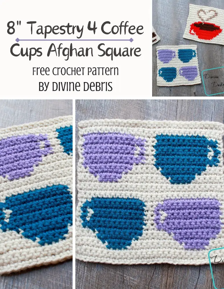 Learn to make the fun, colorful, and coffee themed 8" Tapestry 4 Coffee Cups Afghan Square from a free crochet pattern on DivineDebris.com