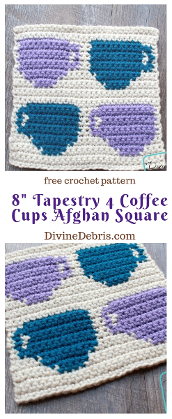 8" Tapestry 4 Coffee Cups Afghan Square free crochet pattern by DivineDebris.com#crochet #afghansquares #tapestry #coffee #freepattern