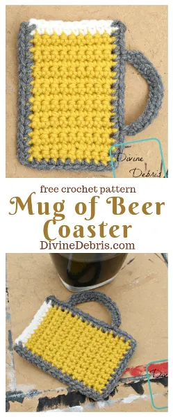Mug of Beer Coaster free crochet pattern by DivineDebris.com #crochet #freepattern #mugofbeer #appliques #coasters #StPatricksDay #beer
