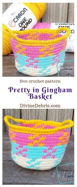 Pretty in Gingham Basket free crochet pattern by DivineDebris.com #crochetpattern #crochet #freepattern #baskets #gingham #tapestry #colorwork