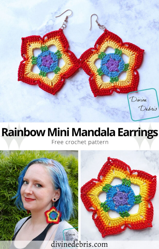 Learn to make the Rainbow Mini Mandala Crochet Earrings from a simple and easy to customize step by step photo tutorial on DivineDebris.com
