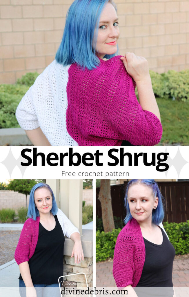 Get fashionable and cozy in the Sherbet Shrug, a free crochet pattern by DivineDebris.com. It's easy and fun to customize!