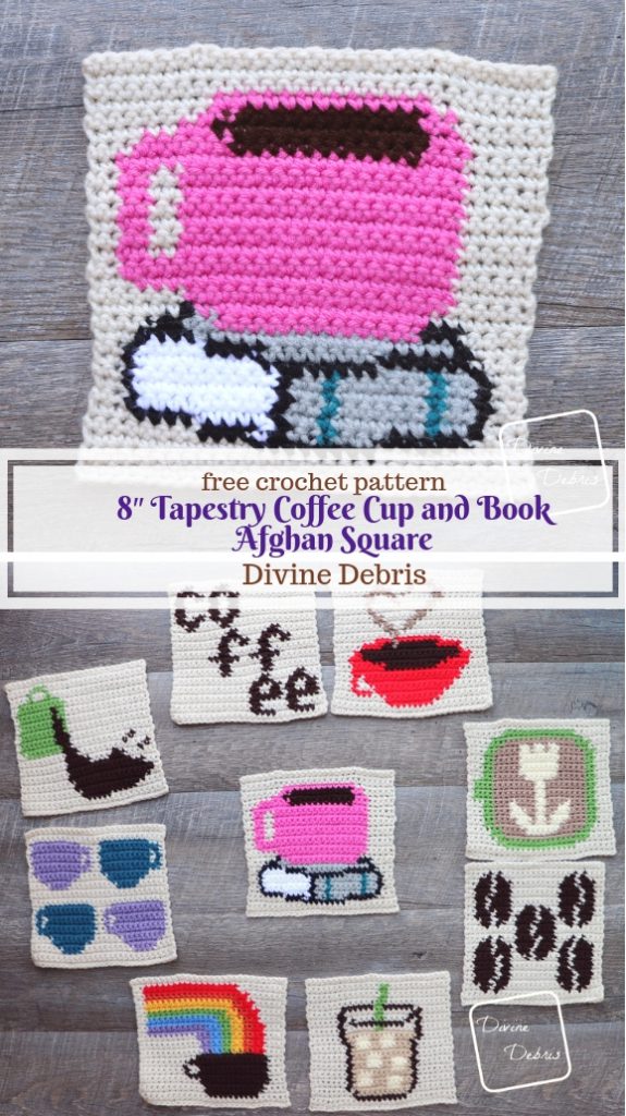 Learn to make an 8″ Tapestry Coffee Cup and Book Afghan Square from a free crochet pattern by DivineDebris.com