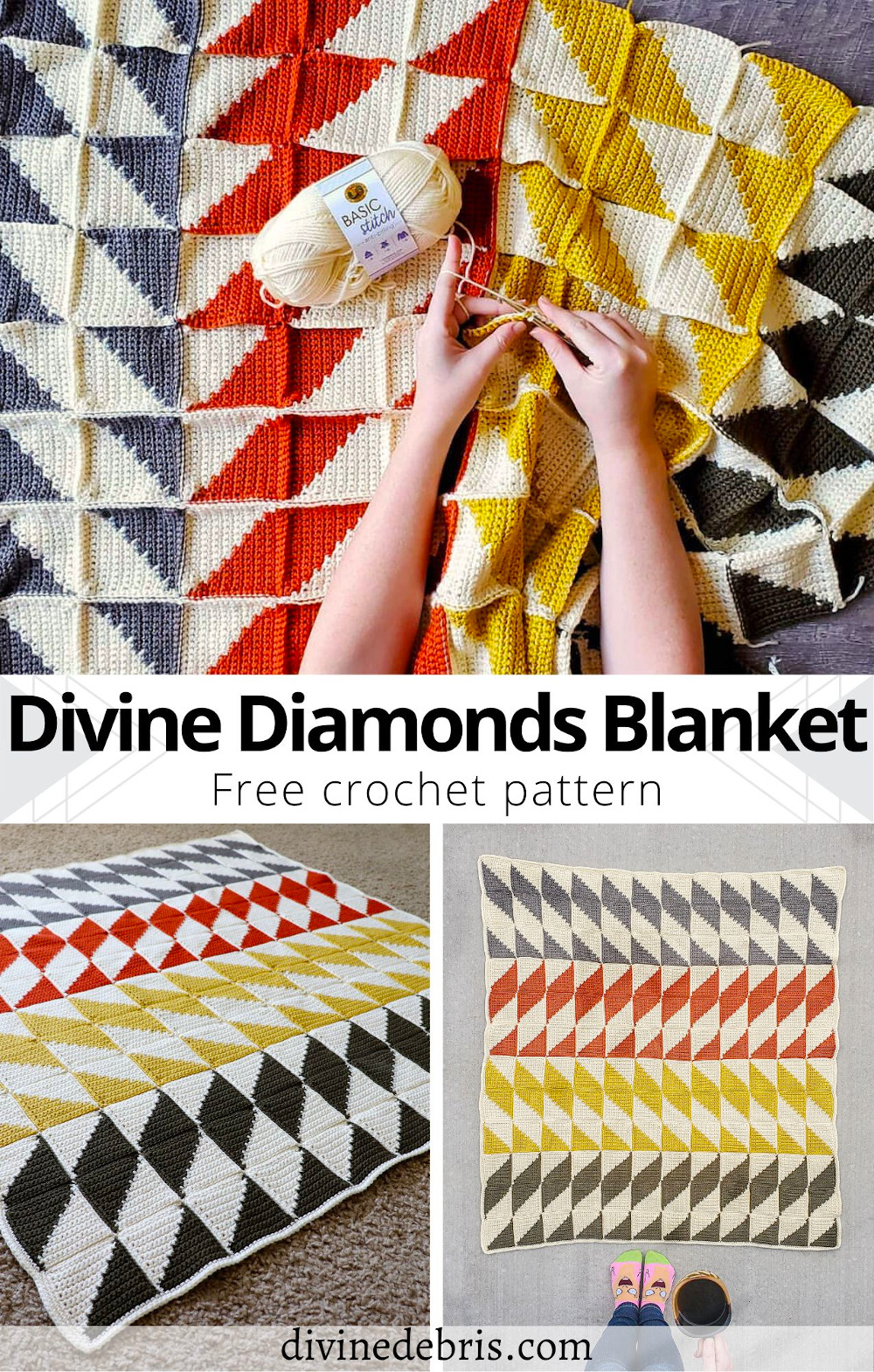 Learn to make this fall favorite quilt-inspired and eye-catching tapestry crochet throw blanket, The Divine Diamonds Throw Blanket, from a free pattern on DivineDebris.com