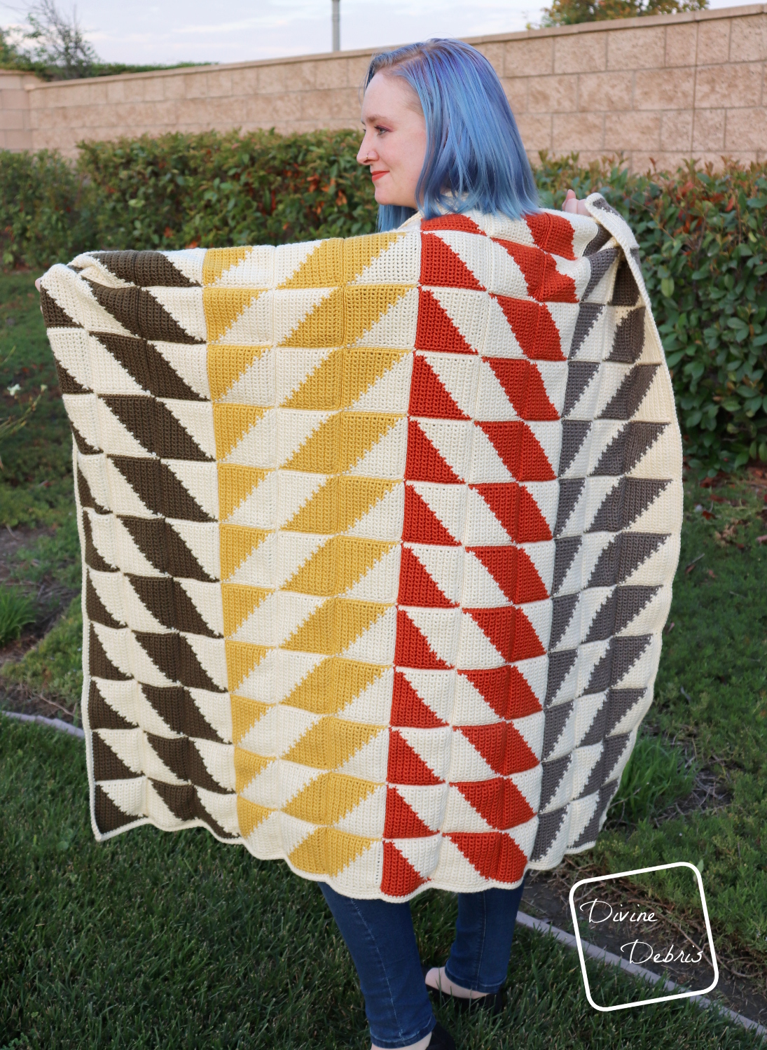 Learn to make this quilt inspired crochet throw blanket, the Divine Diamonds Throw, from a free pattern on DivineDebris.com