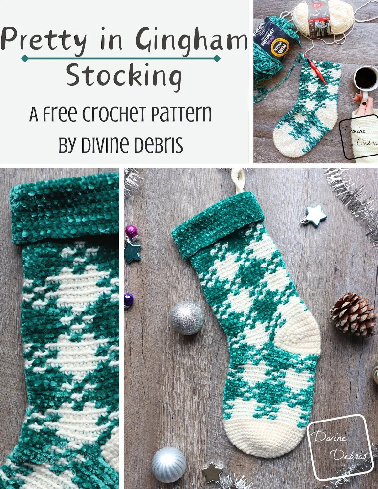 Make your Christmas fun and bright with this eye-catching stocking done in gingham and velvet yarn, the Pretty in Gingham Stocking free crochet pattern
