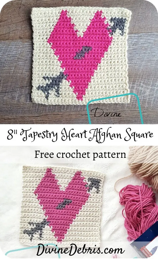 Learn how to make the 8" Tapestry Heart Afghan Square free crochet pattern as part of a year-long CAL by Divine Debris. Great beginner tapestry pattern.