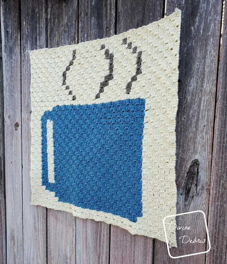 Learn to make the coffee lover's dream, a Steaming Coffee Cup Afghan C2C Crochet Square from a free graph on DivineDebris.com