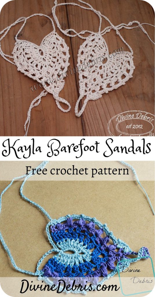 Learn to make these fun and delicate barefoot sandals, the Kayla Barefoot Sandals, from a free crochet pattern on DivineDebris.com