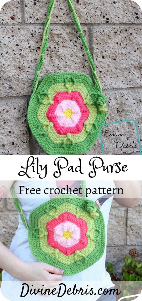 Learn to make this fun and brightly colored flower inspired purse, the Lily Pad Purse, from a free crochet pattern on DivineDebris.com