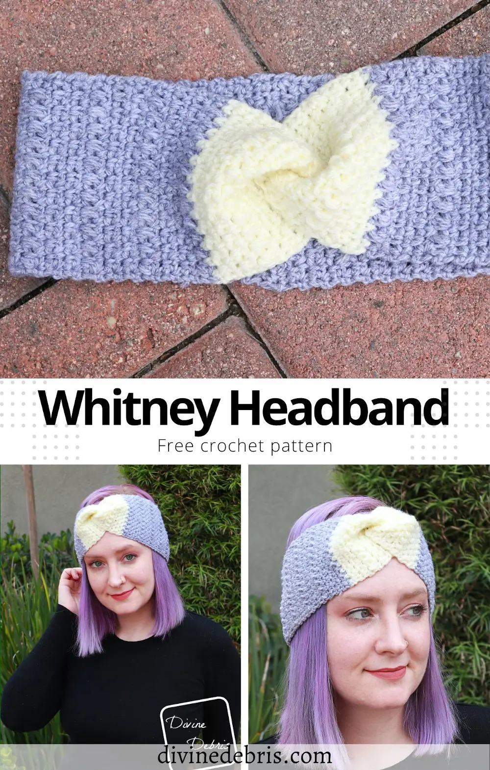 Learn to make the Whitney Headband, a crochet headband using the simple linen stitch combo, from a free crochet pattern on DivineDebris.com