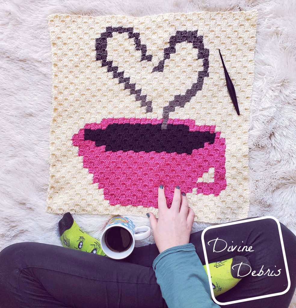 Learn to make the Heart and Cup C2C Afghan Square from a free pattern on DivineDebris.com