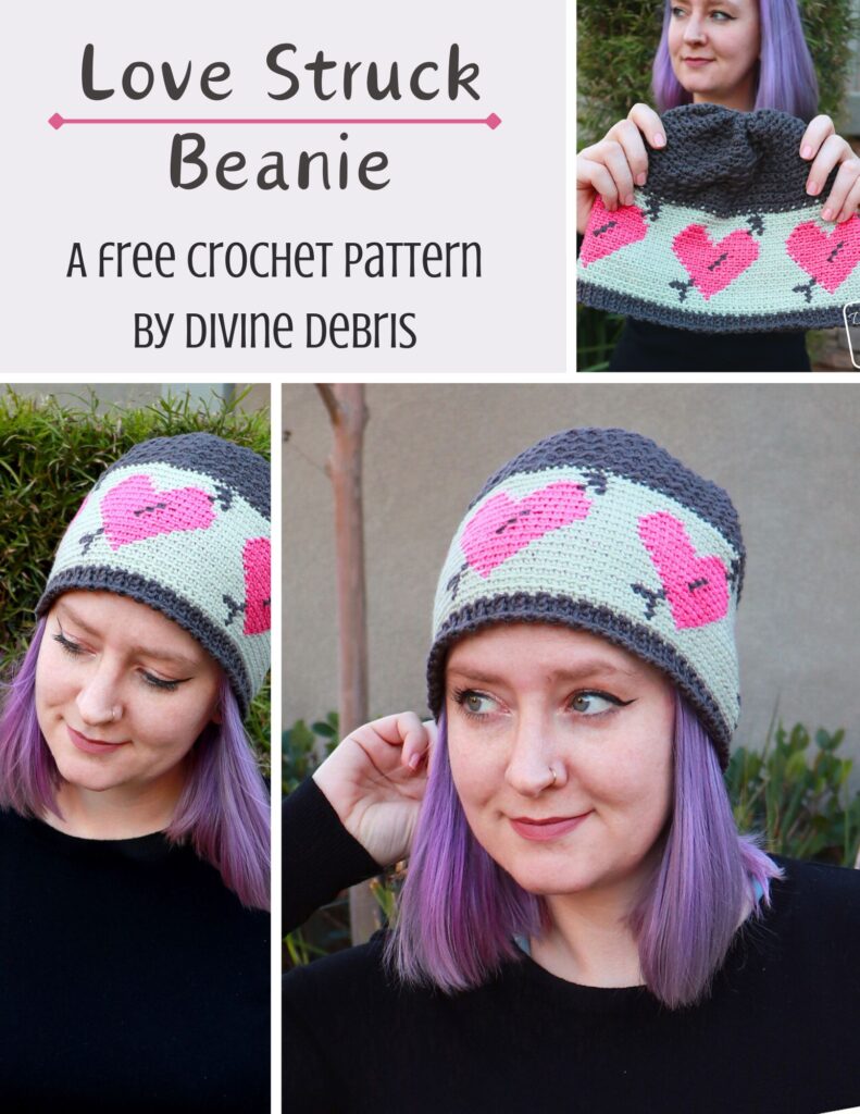 Learn to make the Love Struck Beanie, a fun combination of tapestry and traditional crochet techniques, from a free crochet pattern on DivineDebris