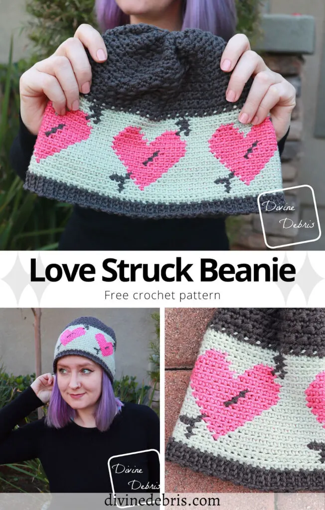 Learn to make the Love Struck Beanie, a fun combination of tapestry and traditional crochet techniques, from a free crochet pattern on DivineDebris