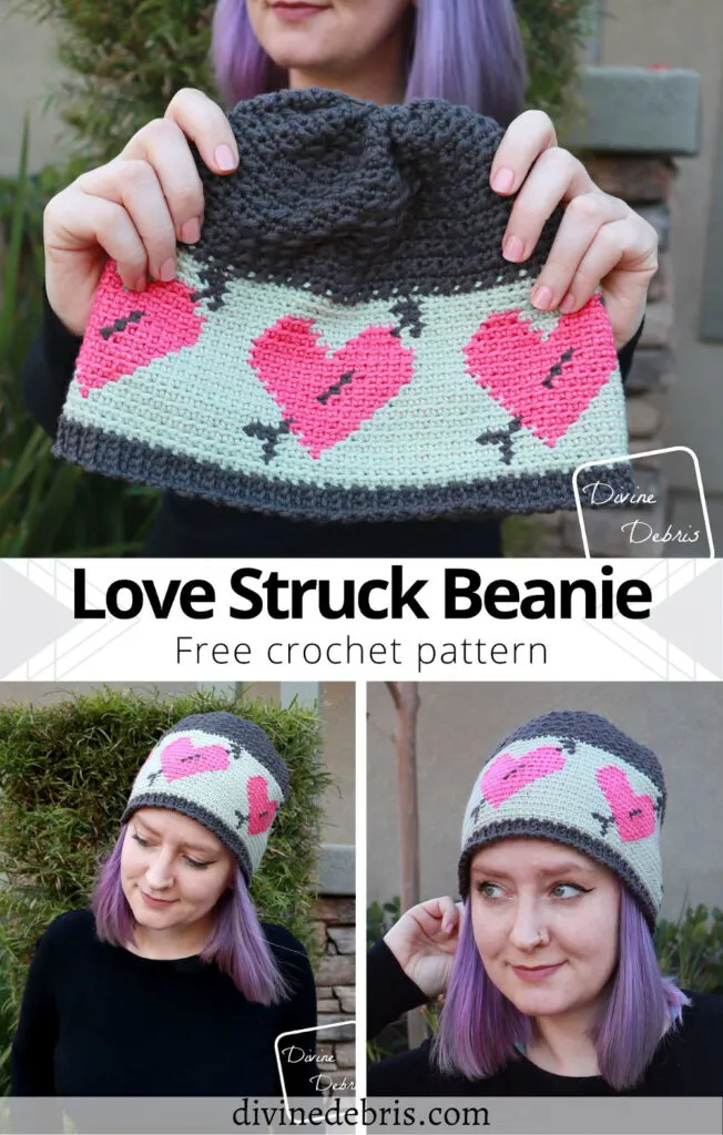 Learn to make the Love Struck Beanie, a fun combination of tapestry and traditional crochet techniques, from a free crochet pattern on DivineDebris