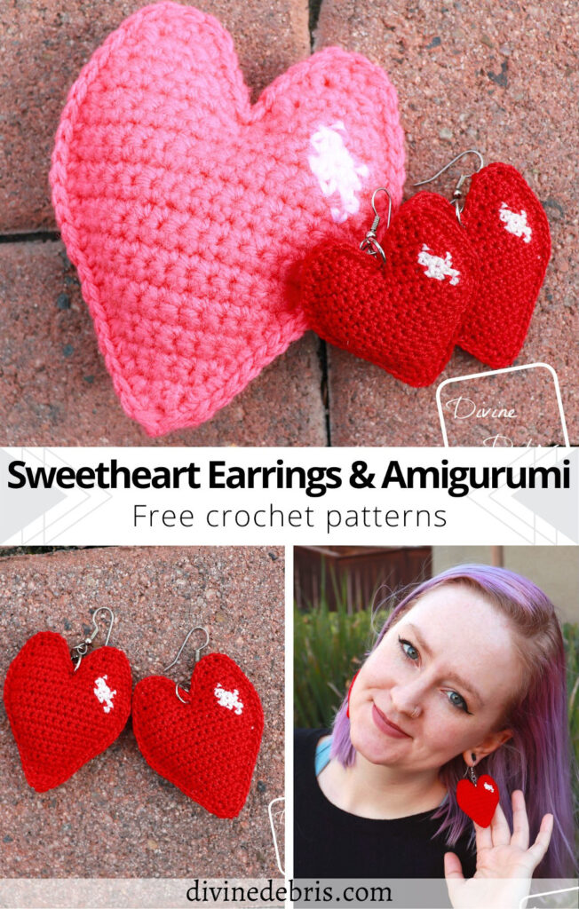 Learn to make the Sweetheart Earrings or Amigurumi from a free set of crochet pattern on DivineDebris.com