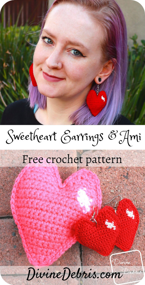 Learn to make the Sweetheart Earrings or Amigurumi from a free crochet pattern on DivineDebris.com