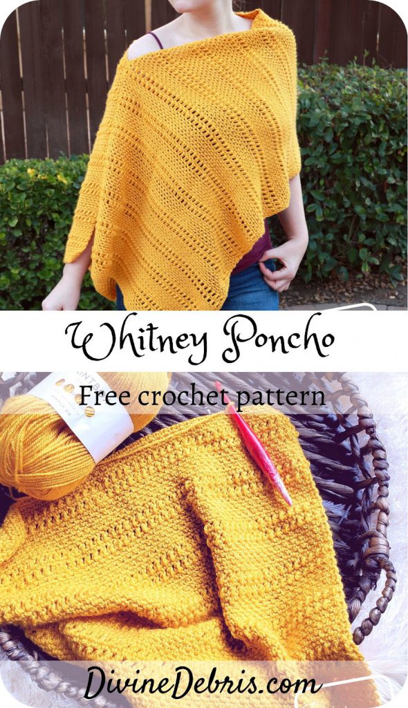 Learn to make the Whitney Poncho, a simple yet textured design that comes in sizes SM - 5X, from a free crochet pattern by DivineDebris.com