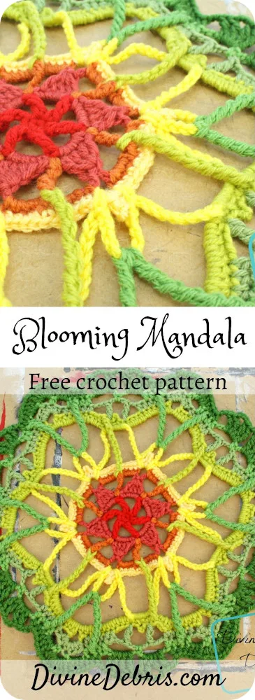 Learn how to make the beautiful and simple Blooming Mandala, an easy home decor item, from a easy and free crochet pattern by DivineDebris.com#crochet #freepattern #mandala 