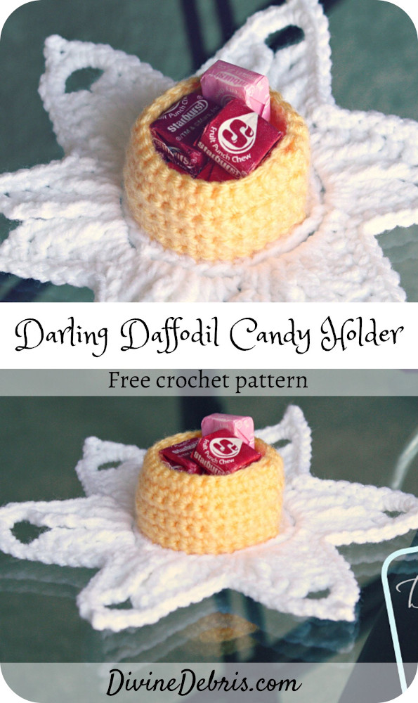 Learn to make the Darling Daffodil Candy Holder, a Spring home decor item, from a free crochet pattern by DivineDebris.com