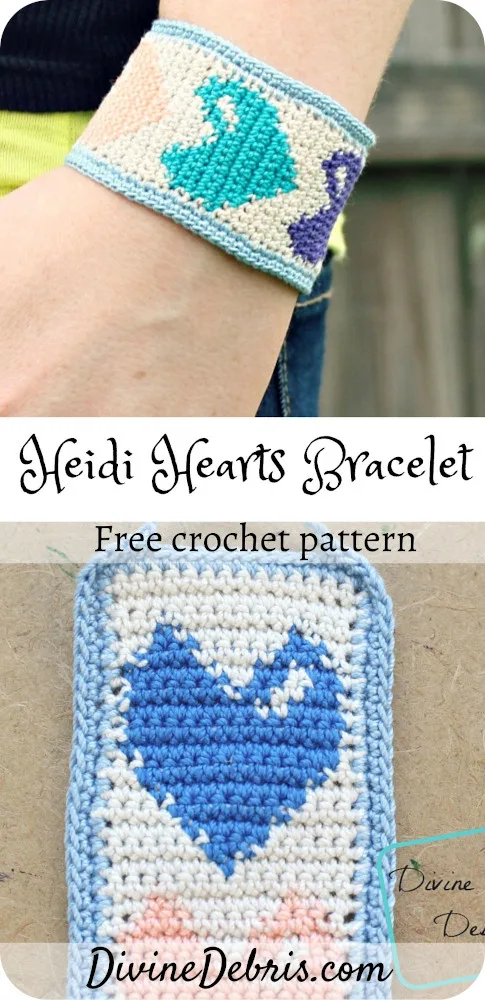 Use up some of that crochet thread you've got by learning to make the Heidi Hearts Bracelet, a free crochet pattern on DivineDebris.com#crochet #freepattern #bracelets #jewelry #crochetthread