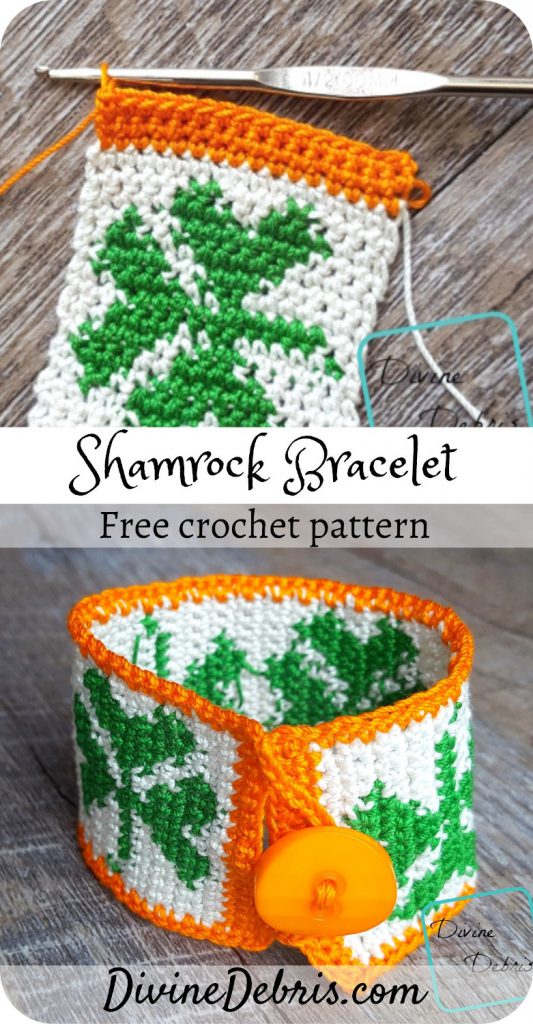 You won't get pinched on St. Patrick's Day when you learn to make this fun tapestry crochet Shamrock Bracelet from a free pattern on DivineDebris.com#crochet #freepattern #bracelets #jewelry #StPatricksDay