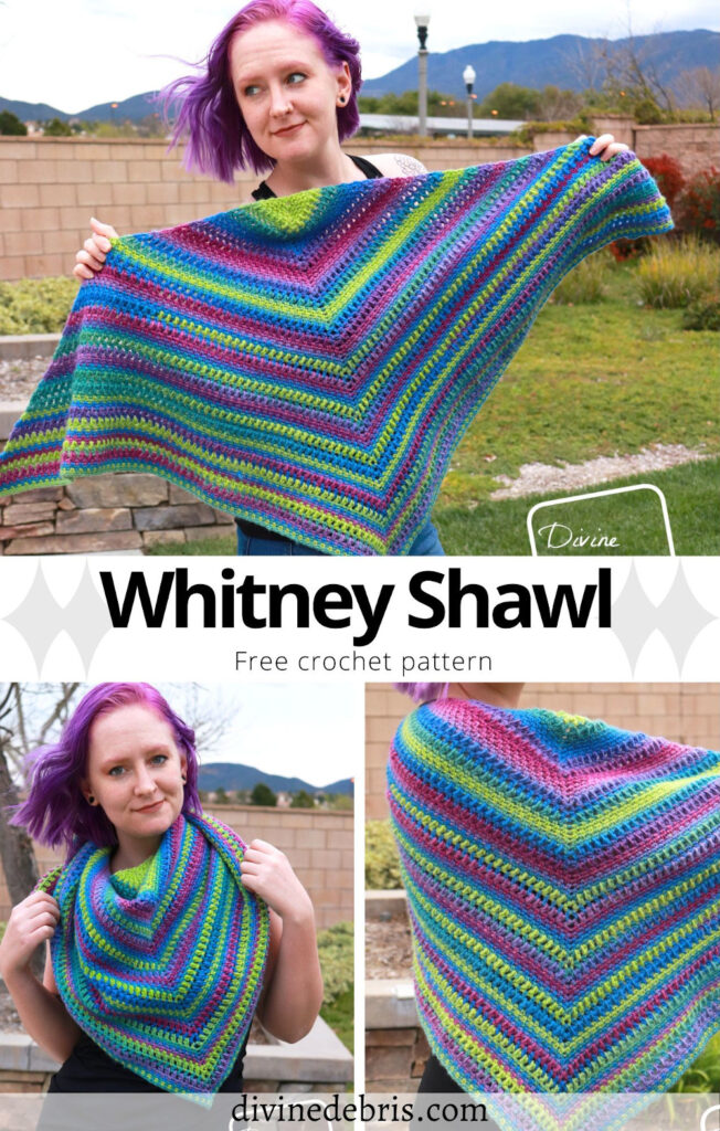 Learn to make the Whitney Shawl, an easy crochet shawl design that works wonderfully in one or more colors, from a free crochet pattern on DivineDebris.com